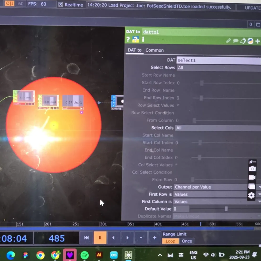 Opening the provided touch designer file.